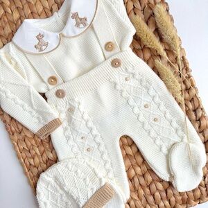 Cream Knit Baby Outfit with Hat